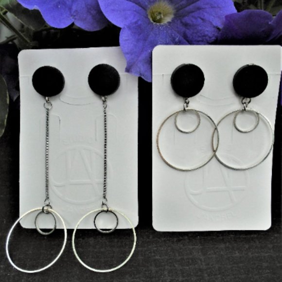 2/$20 Circle dangle earrings, drop box chain extra long earrings, hoops on chain - Picture 2 of 5